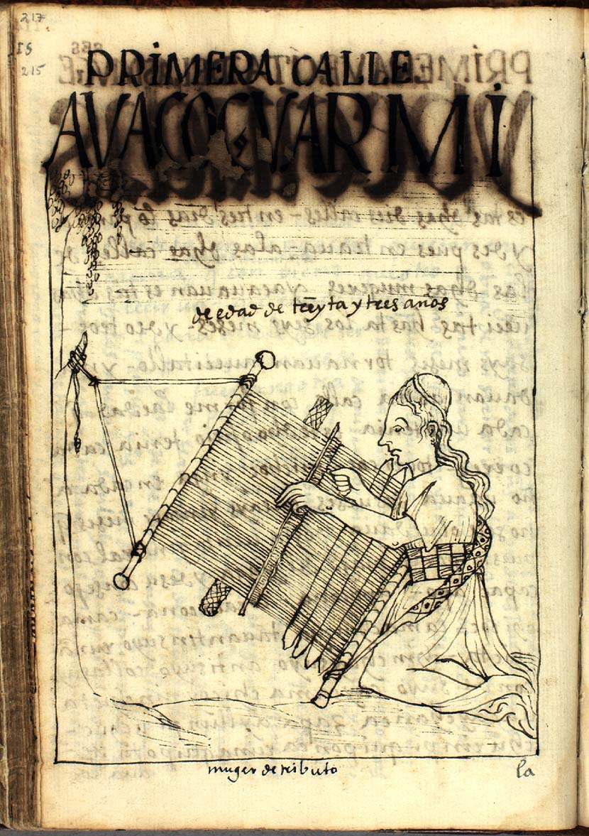 Guaman Poma's drawing of awakuq warmi, a thirty-three-year-old woman weaving at an upright loom, labeled as the first women's age group.